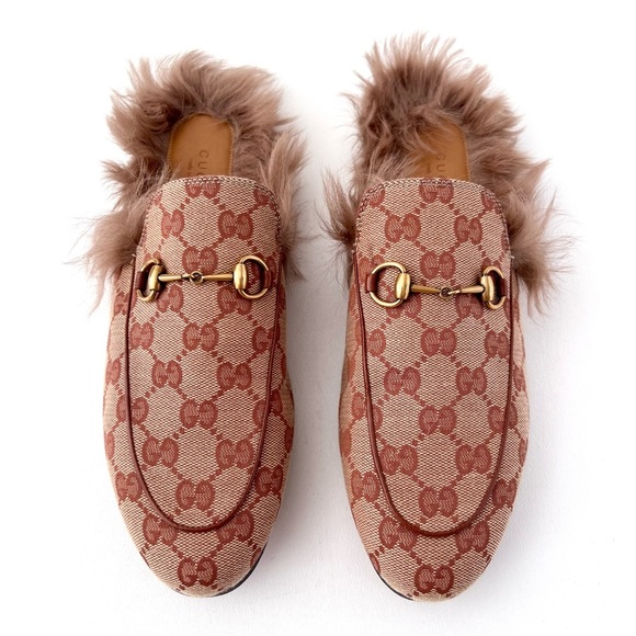 GUCCI | Princetown Fur Horsebit Tan Beige GG Monogram Slipper Mule EU 40 US 10 - Picture 2 of 10